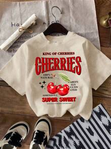 Tseoso Áo thun nữ cổ tròn tay ngắn in họa tiết quả anh đào tối giản giản dị - Màu be - Xem 6