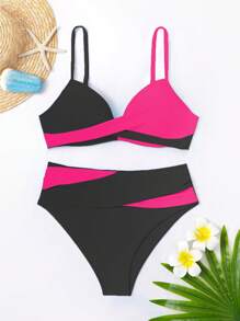 Swim Lushoire Women Color Block Spaghetti Strap Swimsuit With Triangle Swim Bottoms Set For Summer Beach Vacation - Multicolor - View 9