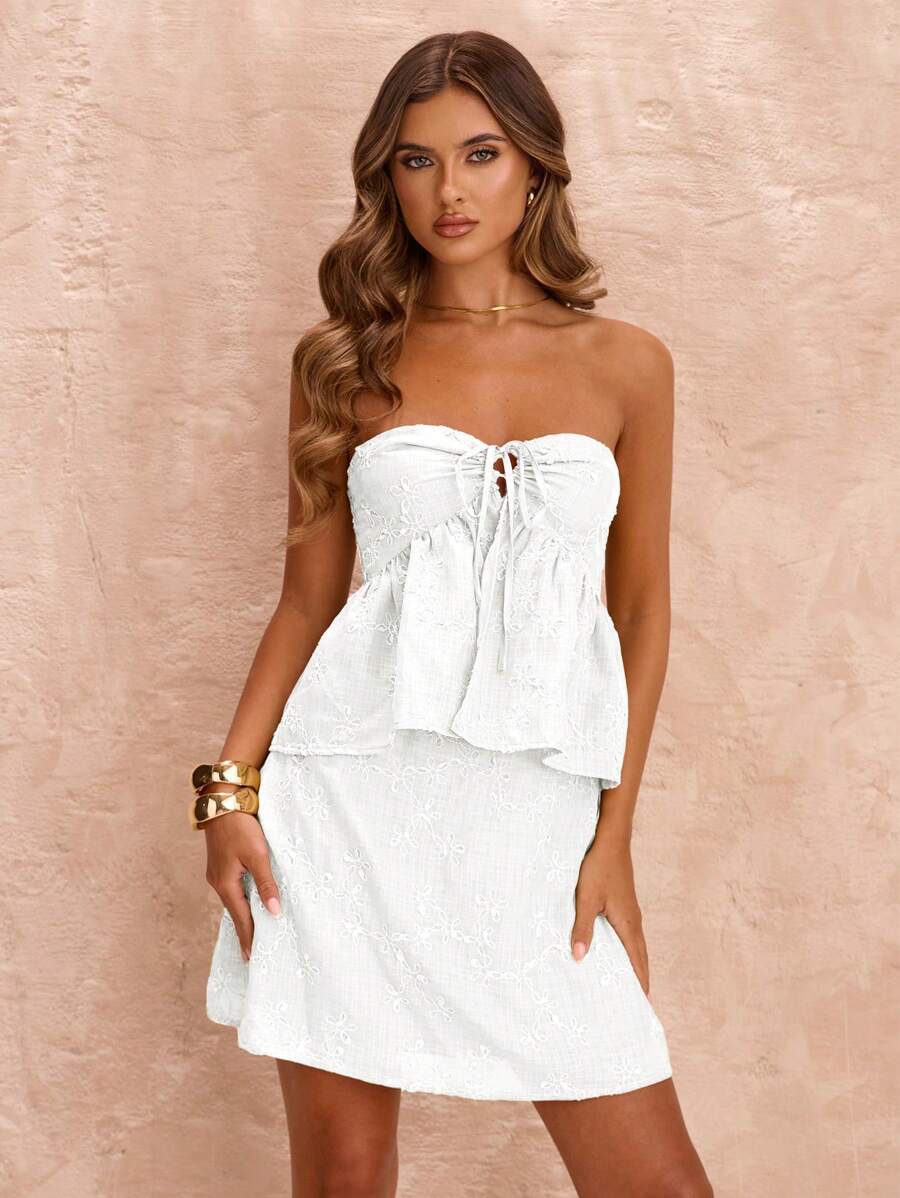 SHEIN BAE Spring/Summer Solid Green, Sage Color Hollow Tie-Front Camisole Top, Jacquard Texture Casual Vacation Tank Top - White - View 1