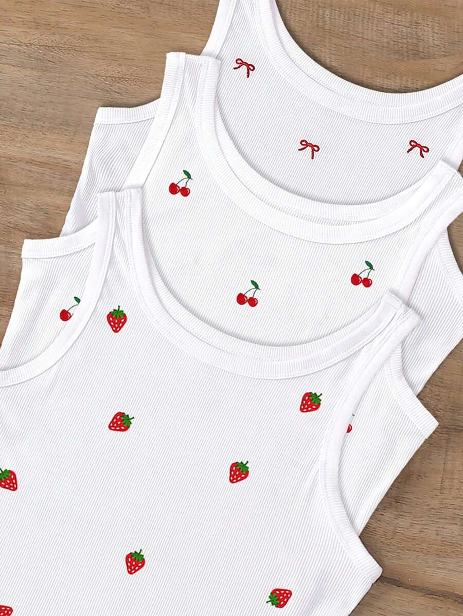 INAWLY 3pcs/Set Strawberry, Cherry, Bow Embroidered Round Neck Camisole - White - View 1