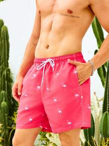Manfinity Men's Flamingo Print Drawstring Waist Loose Beach Shorts, Hawaiian
