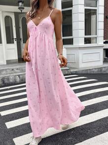 SHEIN LUNE Abito casual da vacanza con lungo laccio, a righe rosa e fiocco sulla schiena, adatto per primavera ed estate