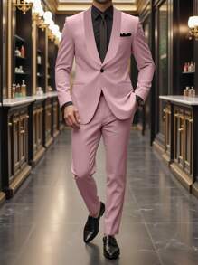 Manfinity Mode 男士纯色披肩领长袖夹克和裤子商务西装套装