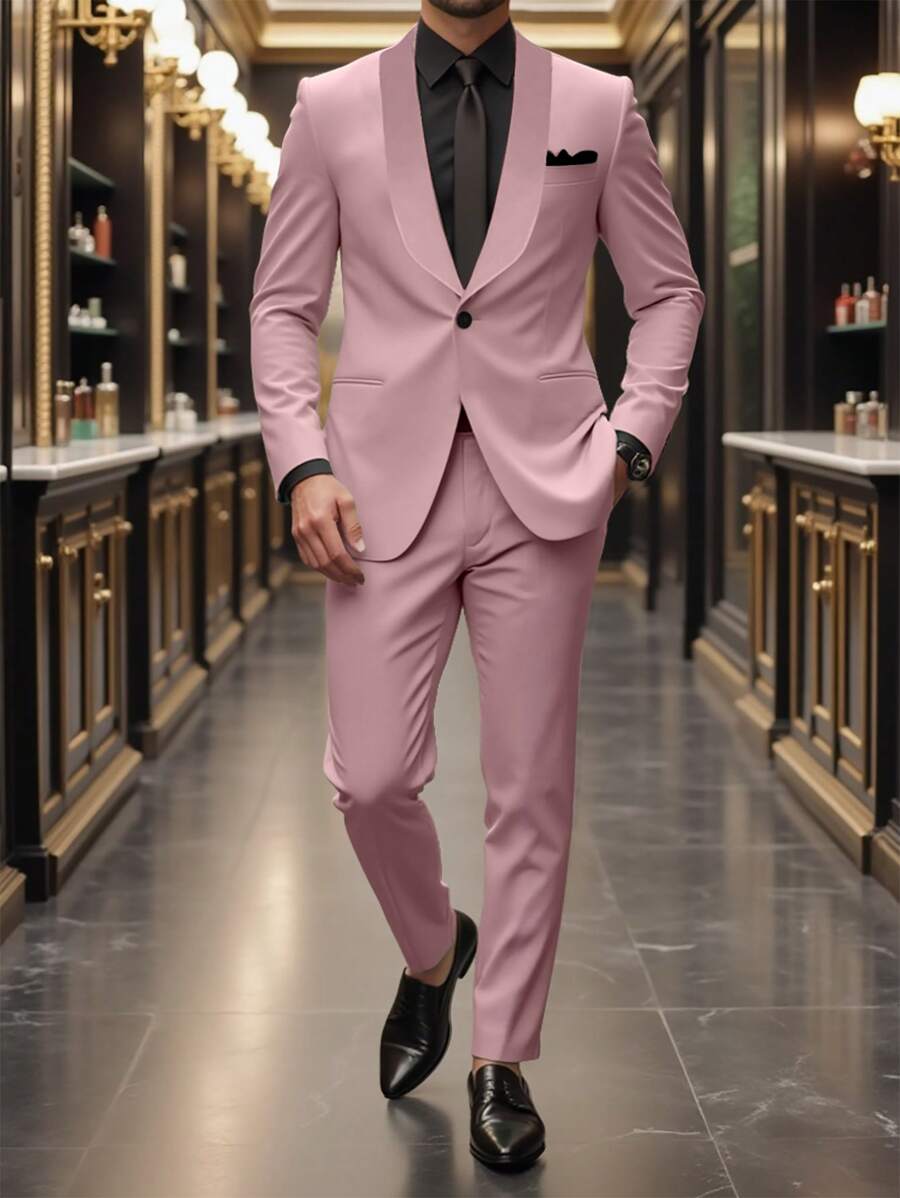 Manfinity Mode 男士纯色披肩领长袖夹克和裤子商务西装套装