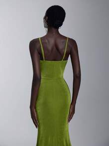 Elitara 优雅绿色细肩带褶饰腰部花卉 3D 装饰美人鱼尾礼服，适合约会、度假、派对、婚礼、毕业典礼、鸡尾酒会、礼服、晚会、婚礼宾客 - 綠色 - 查看 7