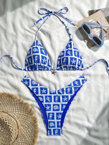 Swim Mod Set de 2 piezas de bikini con parte superior con tirantes finos y espalda descubierta, talla grande Bottom con tiro alto, de estampado aleatorio, para vacaciones de verano - Azul y blanco - Ver 1