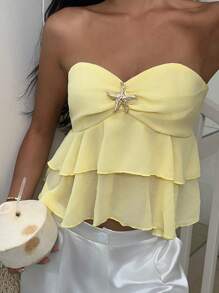 MainGRL 夏季休闲度假胸前荷叶边金属扣装饰抹胸 - 黃色 - 查看 5