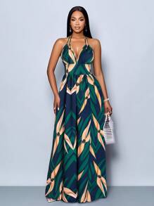 SOLERSUN Women Casual Holiday Deep V-Neck Backless Ruched Split Thigh Maxi Dress With Botanical Print - Dark Green - View 3