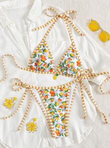 Swim Mod Set de 2 piezas de traje de baño con parte superior tipo halter y Bottom con lazos laterales con estampado de fruta de verano, ropa de playa sexy y de moda - Multicolor - Ver 6
