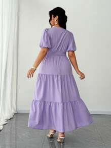SHEIN Unity Plus Size Solid Color V-Neck Ruffle Puff Sleeve Patchwork Elegant Dress - Purple - View 4