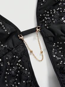 ROMWE 女士重工串珠刺绣露背垂领度假性感上衣