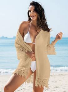 Swim Vcay Women's Solid Color Lace Patchwork Kimono Cover Up For Vacation & Beach For Summer