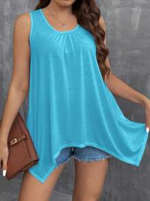 SHEIN LUNE Áo ba lỗ cổ tròn nhún bèo cho nữ cỡ lớn thường ngày viền bất đối xứng - Màu xanh bạc hà - Xem 1