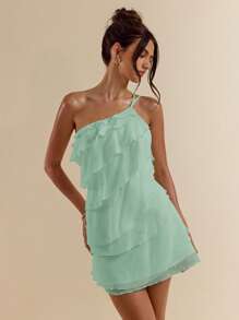 SHEIN BAE 夏季海滩度假纯色杏色分层荷叶蛋糕迷你连衣裙，适合日常约会、夜间外出、夜总会、派对、聚会、鸡尾酒会、泳池派对、返校季服装、学校季连衣裙、节日连衣裙、音乐节服装、乡村音乐节服装、演唱会服装 - 藍色 - 查看 4