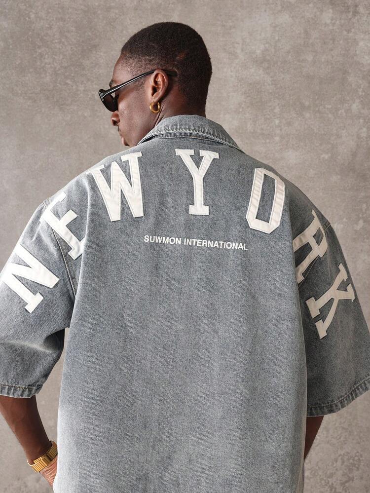 Oversized Short Sleeve Varsity Letter Print Denim Jacket