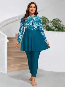 Swim Mulvari Plus Size Women 2 Pieces Long Modest Floral Print Dress With Zipper Front Pullover, Casual Vacation Swimwear, Cover Up Burkinis For Summer