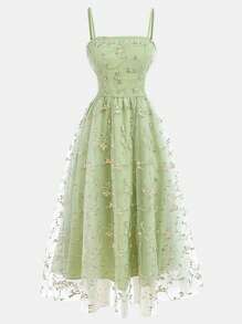 Girlism Vestido camisero verde con bordado floral y malla para adolescentes, vestido de verano, vestido para té, vestido en tonos pastel
