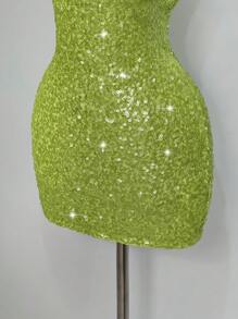 SHEIN ICON 女士绿色音乐会闪光派对性感夏季派对亮片露背迷你连衣裙 - 綠色 - 查看 4