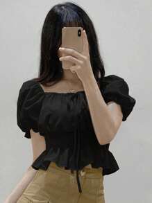 DAZY Women's Knot Waist Puff Sleeve Short Sleeve Black Blouse, Babydoll Top
