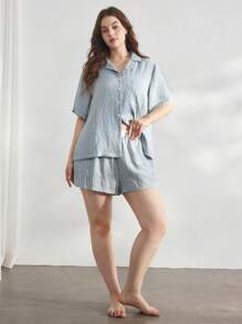 Ocili Conjunto de pijama de talla grande de lino suave a rayas con cuello, ropa de hogar informal - Azul - Ver 4