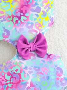 少女镂空蝴蝶结装饰随机印花连体泳衣，夏季 - 彩色 - 查看 3