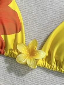 Soleia 3pcs/Set New Vacation Knitted Mesh Yellow Patterned Swimsuit Set - Multicolor - View 5