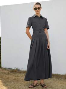 学院风短袖 Polo 领拼接褶皱长裙，女士休闲通勤返校装 - 黑色 - 查看 4