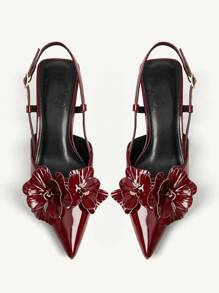 CUCCOO CHICEST Tacones de salón con decoración de flores, elegantes y de tacón medio para mujer. Zapatos de tacón alto de cuero sintético románticos y elegantes, adecuados para citas y fiestas - Burdeos - Ver 9