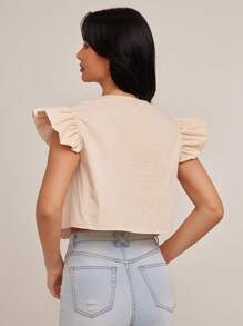 WESTFADE Cotton Twill Spring Country Western Floral Embroidered V Neck Cute Bow Tie Front Ruffle Short Sleeve Boxy Fit Crop Vest - Khaki - View 5
