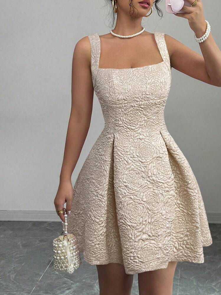 Firerie Vestido elegante y romántico de mujer con cuello cuadrado bordado, tejido jacquard para festivales, graduación y verano. Vestido elegante con textura jacquard, lazo, volantes, cintura ceñida, adecuado para boda, luna de miel, vacaciones, citas - Multicolor - Añade 2