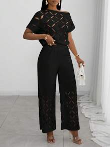 Slaydiva 25新款夏季优雅度假斜肩一字肩插肩袖短袖烂花菱格纹宽松上衣+下摆烂花阔腿裤特长裤白色女两件套 - 黑色 - 查看 5