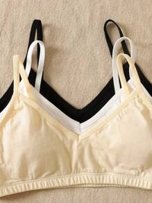 SHEIN 3pcs Tween Girls Minimalist Comfortable Solid Color V-Neck Padded Camisole Bra Set - Khaki - View 5