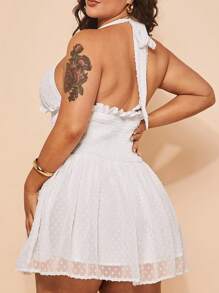 SHEIN BAE Plus Size Women Shirred Halter Tie Polka Dot Mesh A-Line Short Dress, Mini Party Dress, Elegant Dress, French Dress, Evening Gown, Birthday Dress, Bridesmaid Dress, Simple Graceful Daily Dress, Wedding Guest Dress, Cocktail Dress,Sexy Dresses For Women,Elegant Dress,Ruffle Skirt,Rave Outfits Festival,Festival Outfits,Going Out Tops Women,Birthday Dresses For Women,Dresses For Women Elegant,Graduation Dresses For Women,Summer Dresses For Women - White - View 2