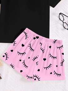 SHEIN Pijama informal minimalista de manga corta y pantalón corto con estampado de pestañas y letras de dibujos animados para adolescentes, adecuado para primavera/verano