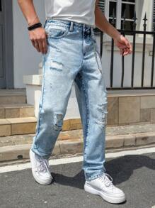 Manfinity Roghcode Men's Summer Distressed Denim Jeans With Pockets, Relaxed Fit - Light Wash - View 3