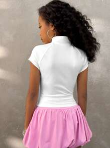 Coolane Kids Tween Girls 春夏 Y2K 夏季三色拼接修身短袖 T 恤，正面拉链，立领