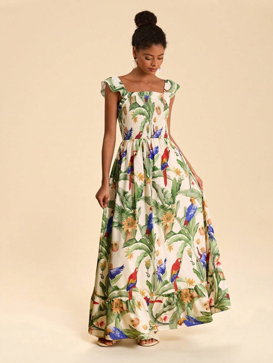 Travachic 女士热带印花梭织连衣裙 - 杏色 - 查看 1