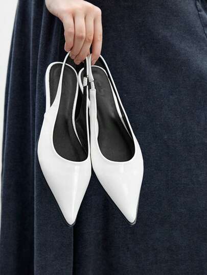 CUCCOO BIZCHIC Minimalist Solid Color Pointed Toe Flat Casual Commuter Basic Plain Black Mirror PU Leather Slingback Flats Women's Office Shoes