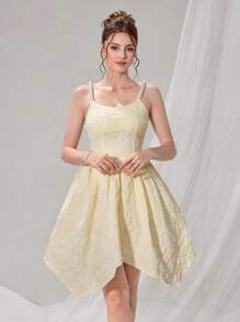 Modelyn French Pearl Strap Asymmetrical Waist Mini Dress, Romantic Style Birthday Party Cocktail Dress - Apricot - View 3