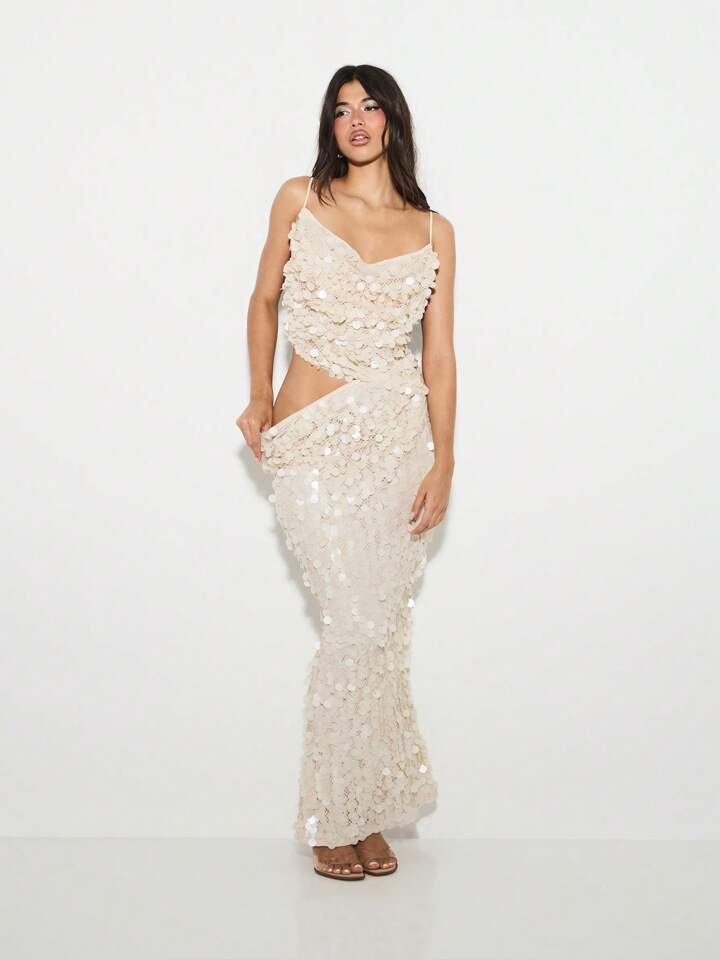 KIZN Sequin Overlay Cowl Neck Glitter Maxi Dress｜kizn