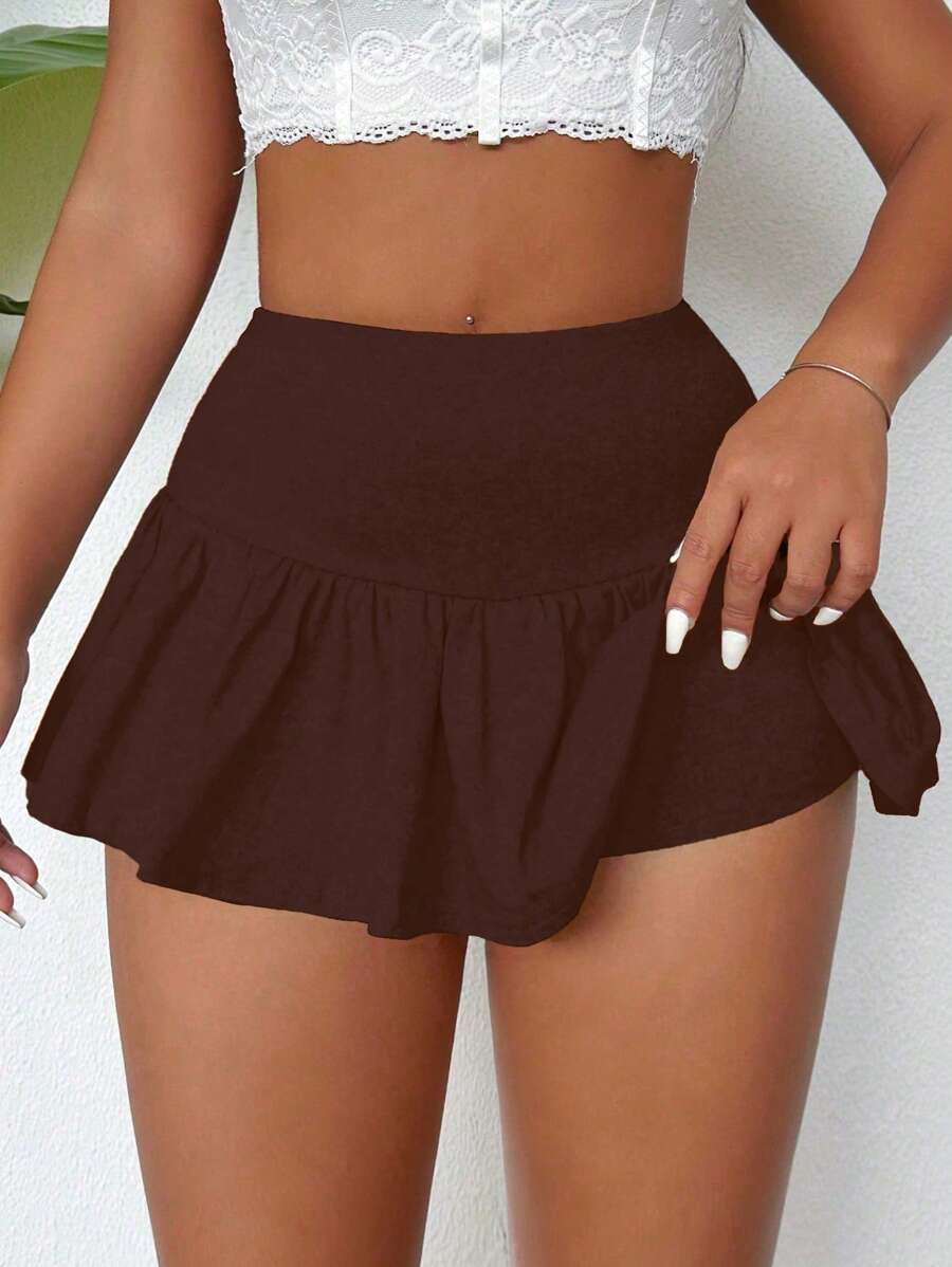 SHEIN Foxxy SXY 翻腰百褶蛋糕裙裤女减龄俏皮基本款短裙超短裤裤夏季短裤街头运动 - 棕色 - 查看 1