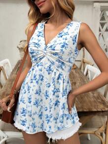 Breezaya 女士休闲度假波西米亚风格花卉印花扭褶前褶 V 领背心，适合海滩度假，夏季 - 藍白色 - 查看 4