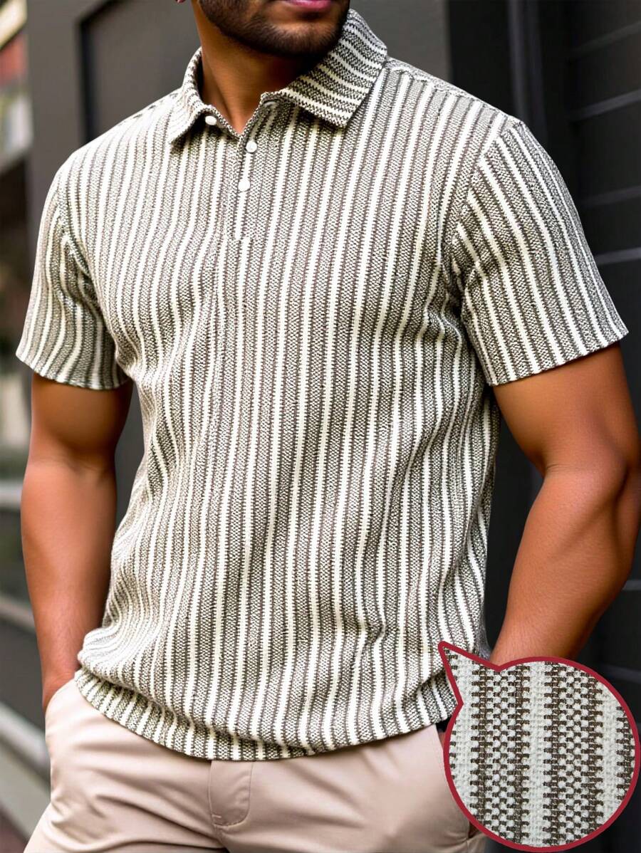 Manfinity Homme Plus Size Men's Striped Short Sleeve Casual/Business POLO Shirt For Summer - Coffee Brown - View 1