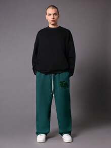 SUMWON 低裆慢跑运动裤天鹅绒贴片徽标刺绣运动家居服休闲街头风格修身阔腿宽松舒适 - 墨綠色 - 查看 3