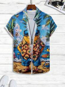 Manfinity RSRT Men's Cartoon Printed Button Front Casual Short Sleeve Shirt, Summer