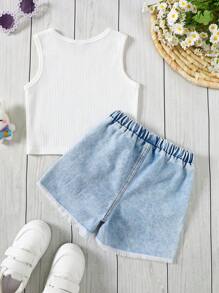 SHEIN Bộ đồ áo ba lỗ không tay cổ tròn thoải mái tối giản giản dị cho bé gái và quần short denim - Hồng - Xem 5
