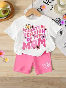 SHEIN Baby Girl Letter Print Short Sleeve T-Shirt And Heart Print Shorts Set Mother S Day Baby Clothes Outfit For Baby Girl Cool Baby Girl Clothes Sets Baby Girl Clothes Shirt Sets Baby Clothes For Girls Baby Girls Sets - Multicolor - View 1