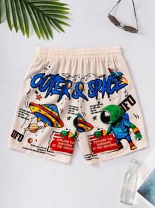 Manfinity VDAYZ Men's Cartoon Print Casual Beach Shorts, Summer,Outdoor Sports Trunks Swim Wear, Hawaiian BeachModeOn Mens Beachwear Men Swim Trunks Cartoon, Anime Swim Trunks, Men's Anime Swim Shorts, Ufo Swim Trunks, Alien Swim Trunks