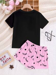 SHEIN Pijama informal minimalista de manga corta y pantalón corto con estampado de pestañas y letras de dibujos animados para adolescentes, adecuado para primavera/verano