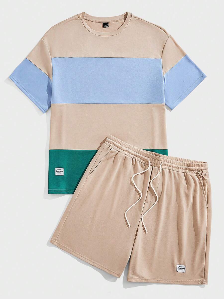 Manfinity VCAY 大码男士宽松休闲印花针织短袖 T 恤和短裤套装夏季服装，学校 - 卡其色 - 查看 1